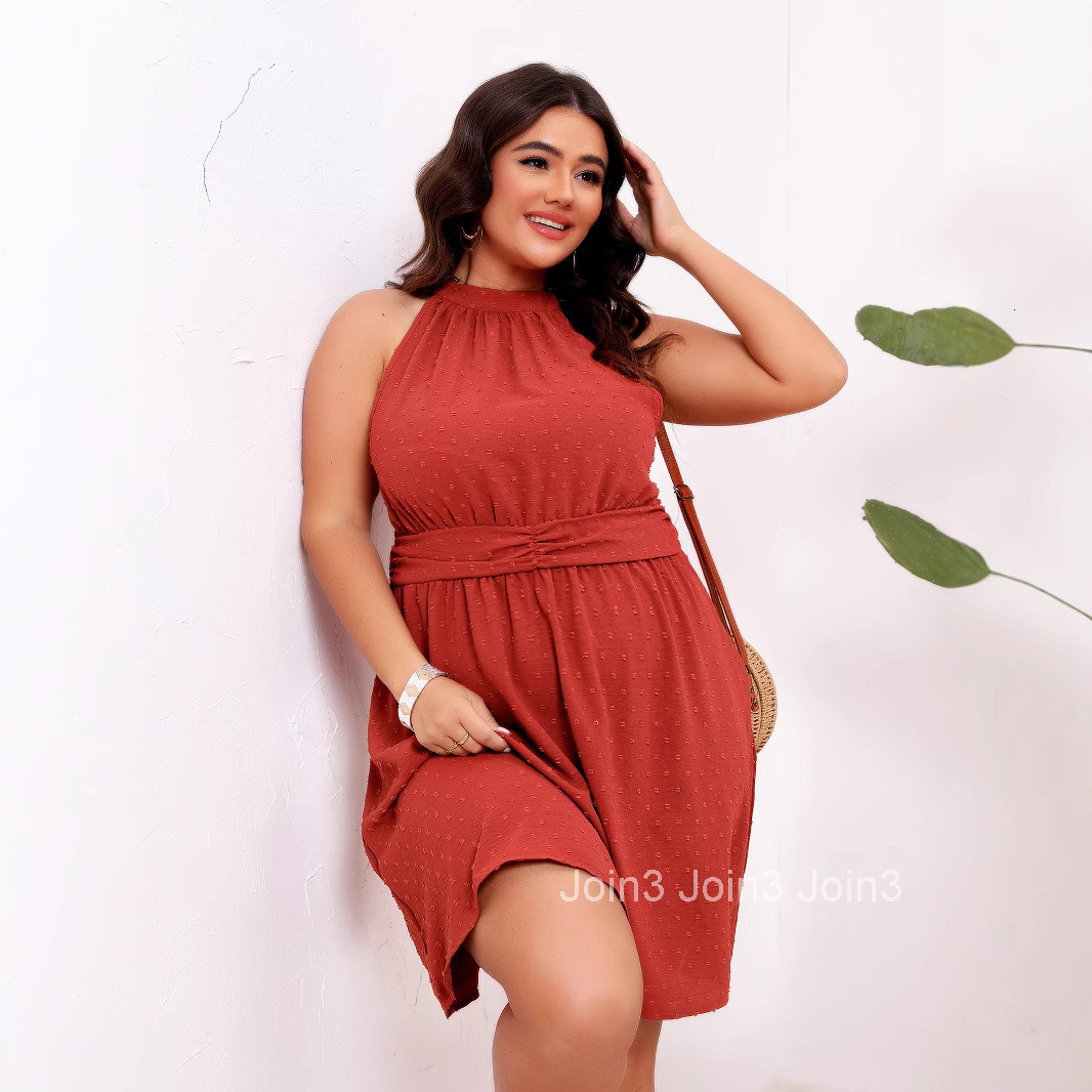 2025 Summer New Womens Large Half High Neck Hanging Neck and Waist Jacquard Solid Color Jumpsuit