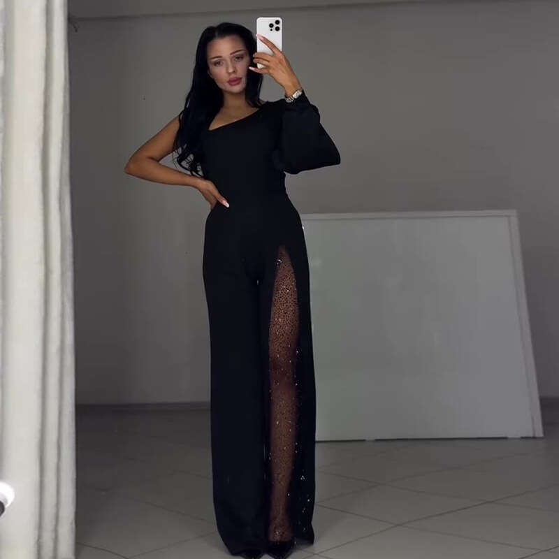 Wide Leg Jumpsuit Autumn New Women S Slant Neck Design With Perspective Mesh Splicing Jumpsuit