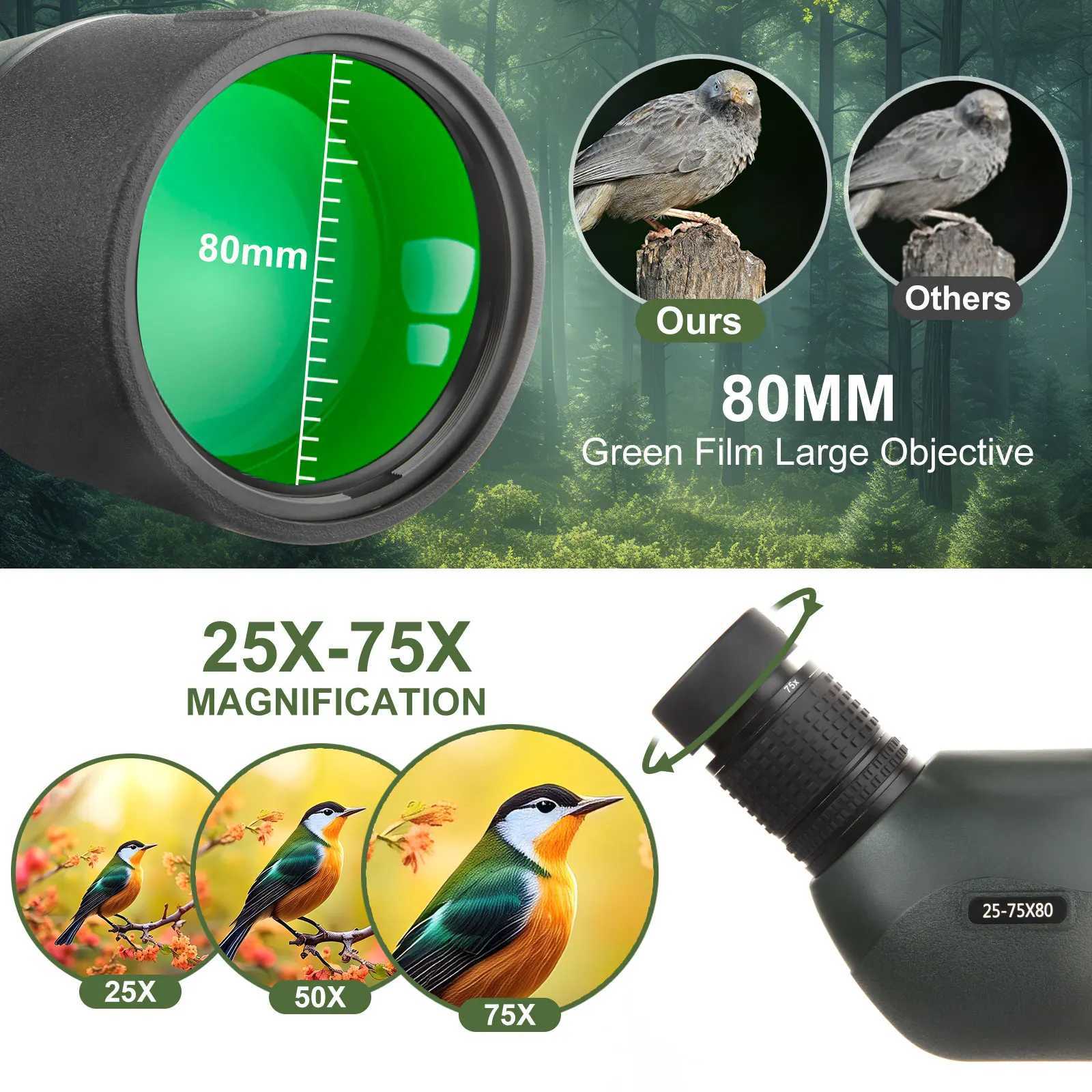 25-75x80 Telescope Spotting Scope Large Field Powerful Zoom Monocular With Phone Adapter Tripod For Bird Watching Camping Y250516