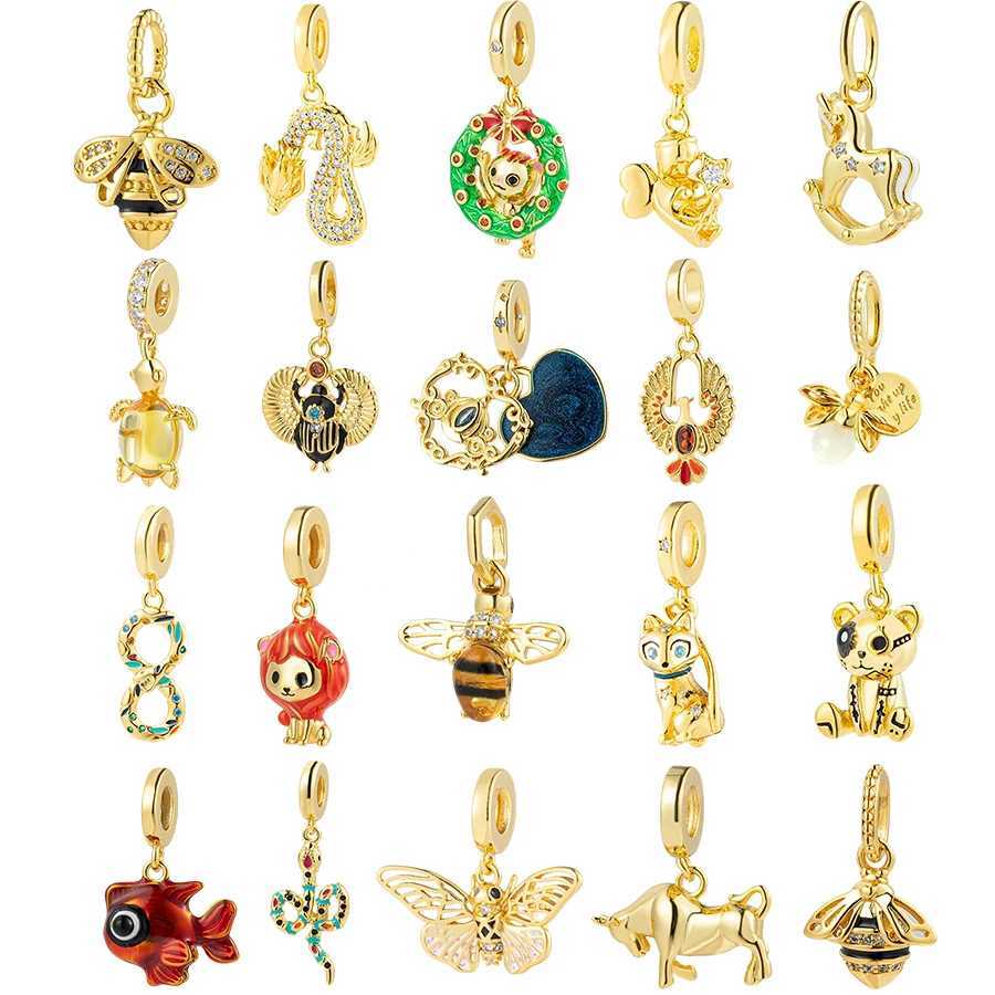 Gold Plated Sparkling Glowing fireflyInfinite SnakeLion Pendant Dangle Charm Bead Fit Original Silver 925 Bracelet DIY JewelryXJ250517