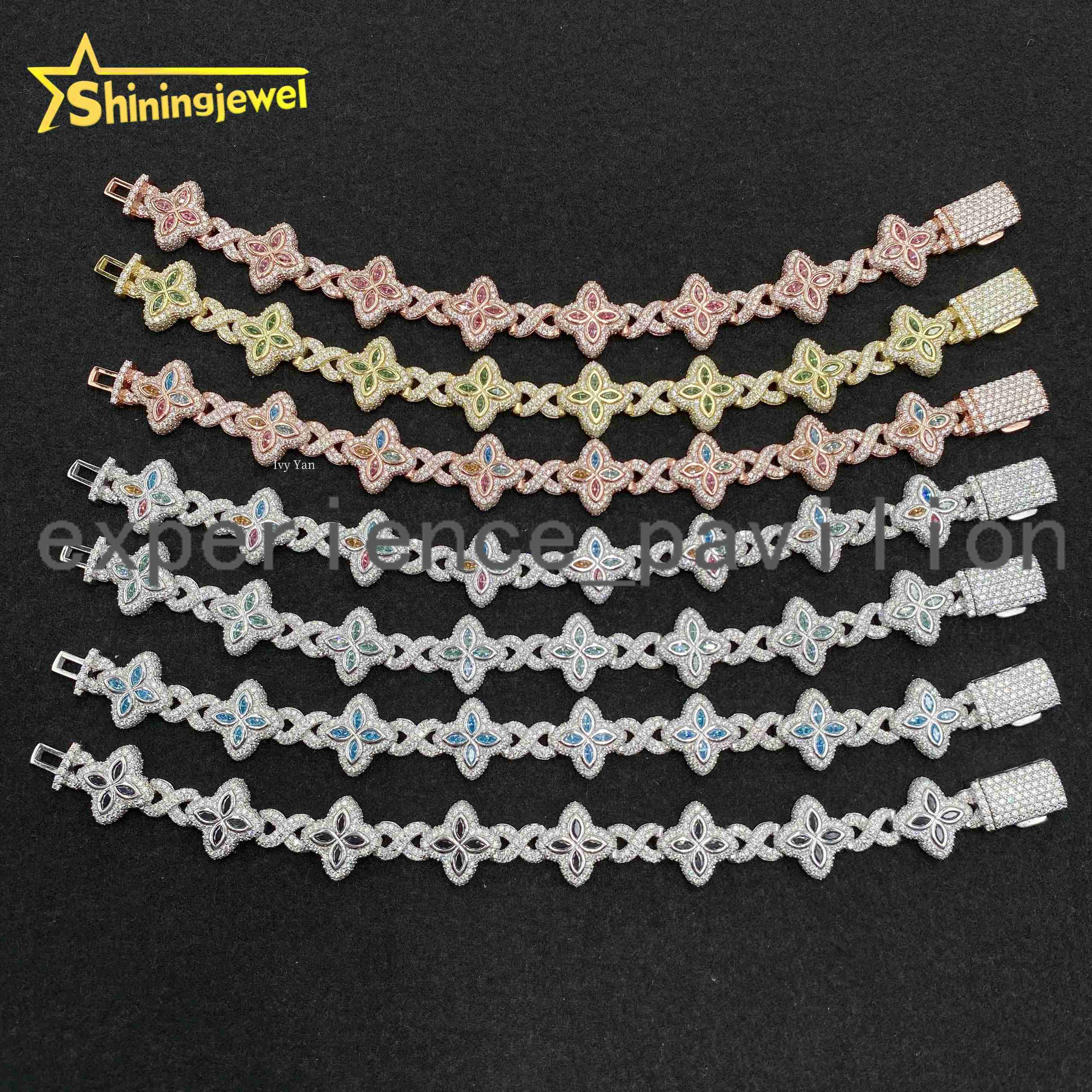 Luxury Colorful Marquise Flower Design 15mm Custom Iced Out Hip Hop Jewelry Cuban Link Chain 925 Silver VVS Moissanite Bracelet