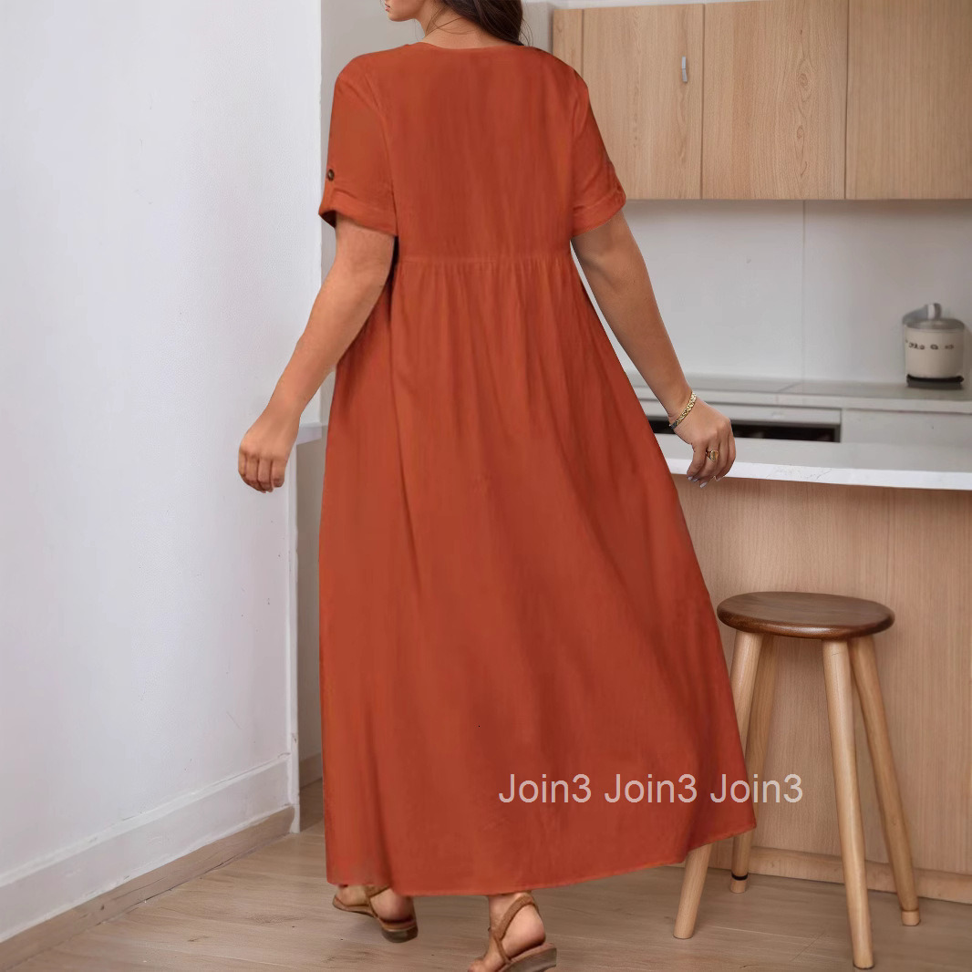 Large Size Elegant Spring and Summer New Item Solid Color Loose High Waisted Cotton and Linen Dress