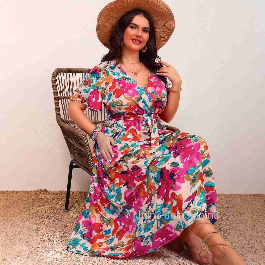 Large Womens Elegant Temperament V-neck Cinched Waist Slimming Lace Up A-line Floral Dress