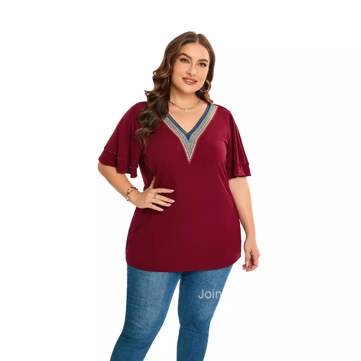 Spring/summer New Lace V-neck Solid T-shirt Top
