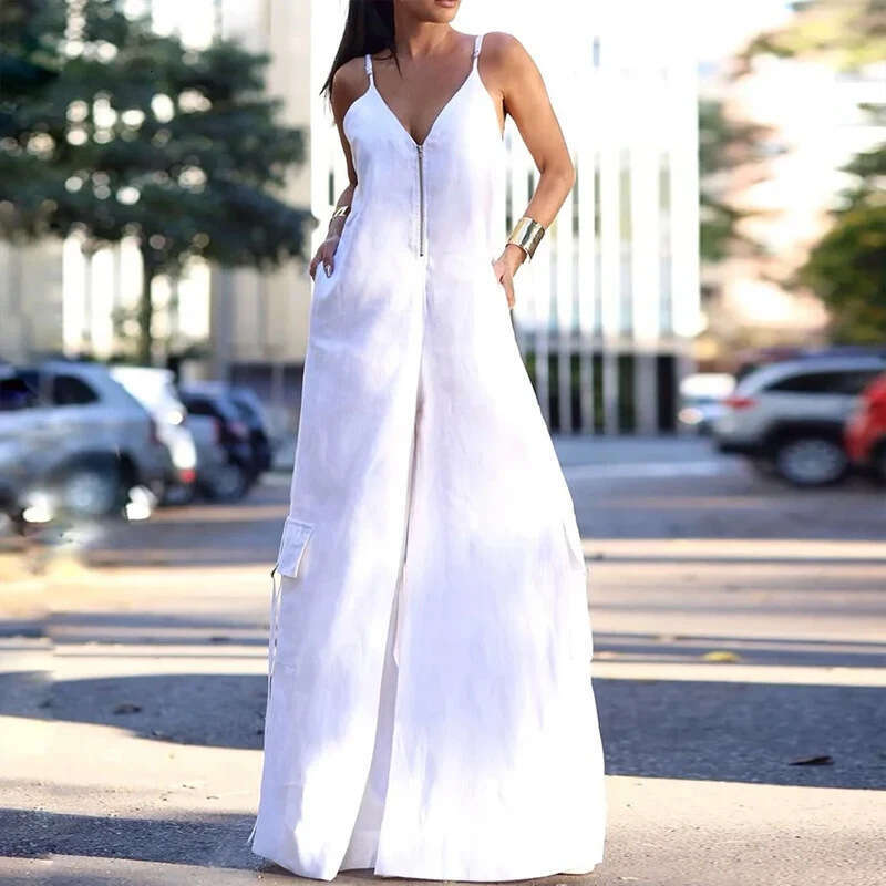 Wide Leg Jumpsuit Summer New Women S Solid Color Zipper Loose Wide Leg Strap Jumpsuit Pants