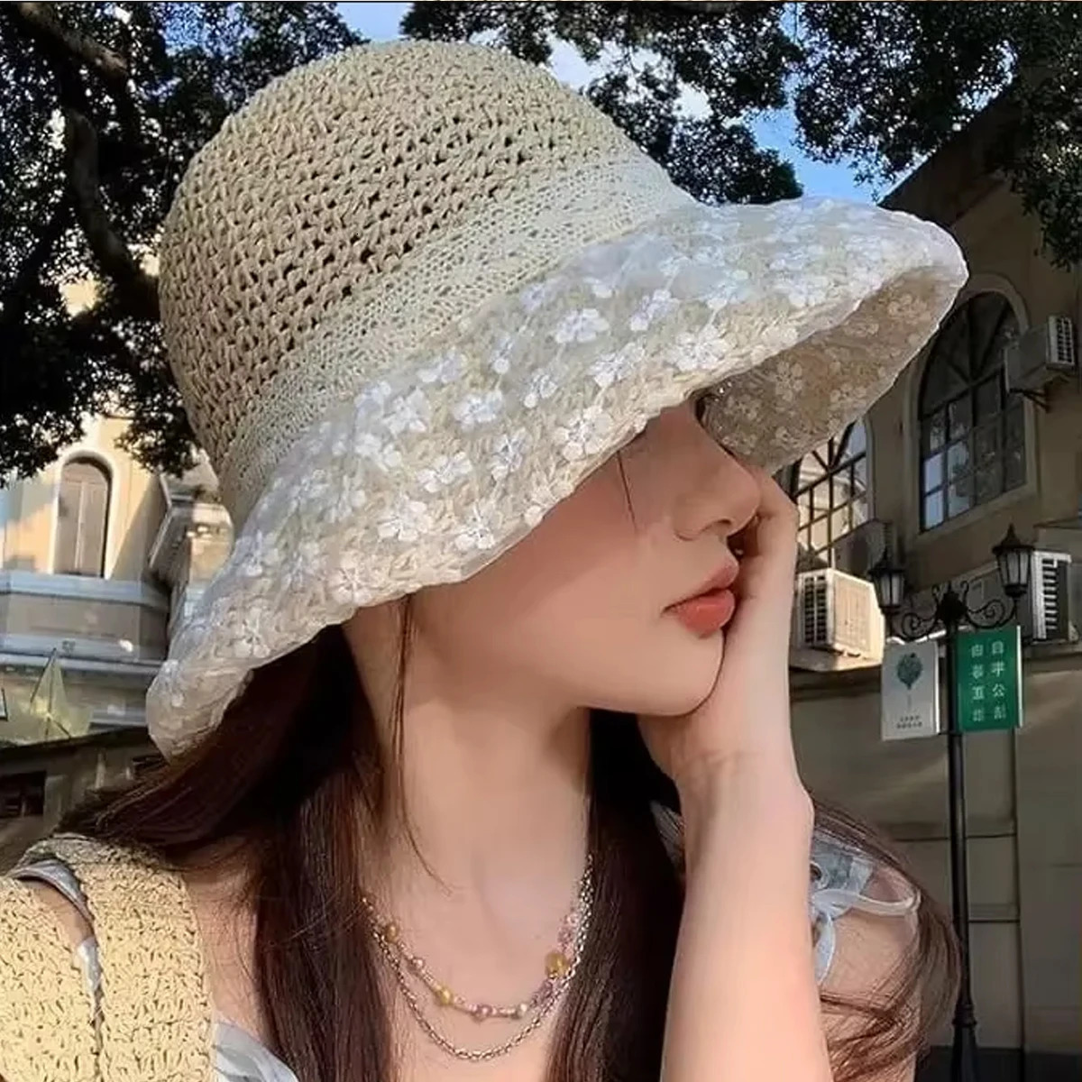 Wide Brim Sun Protection Straw Bucket Hat for Women Hand Woven Floral Lace Straw Hat Perfect For Beach Travel 250516