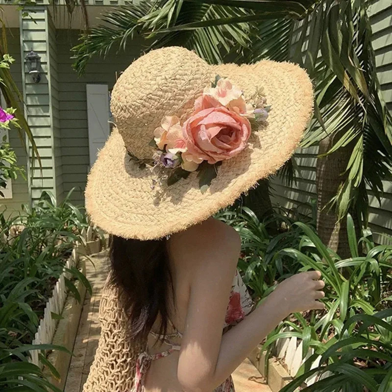 Flower rose decoration raffia straw hat for women summer large brim sun hat seaside atmosphere elegant wedding hat 250516