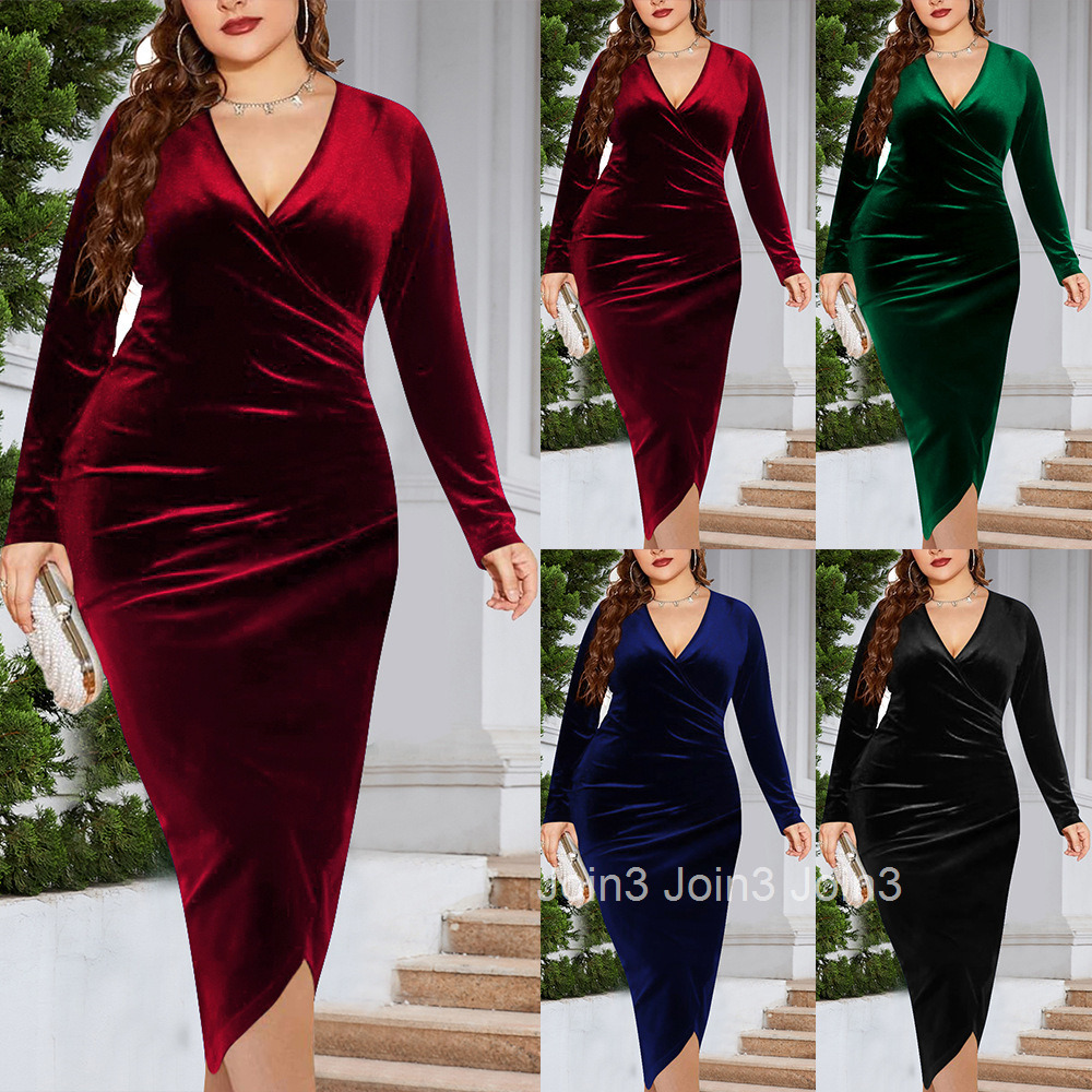 Large Long Sleeve Velvet Tight Dress Sexy Pleated Wrap Deep V-neck Party Cocktail Dress
