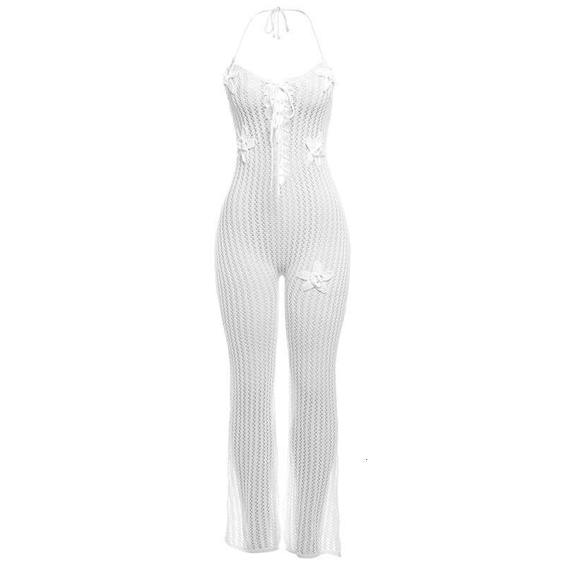 Wide Leg Jumpsuit Spring New Women S Sexy Hollow Perspective High Waist Bareback Hanging Neck Knitted Jumpsuit