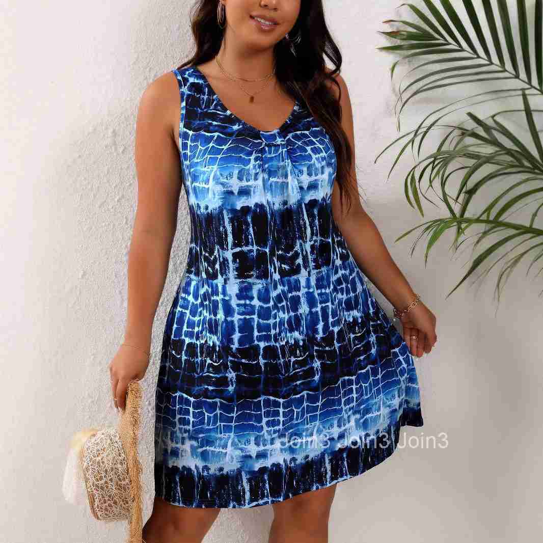 2025 Womens New Fashion Printed Round Neck Sleeveless Dress