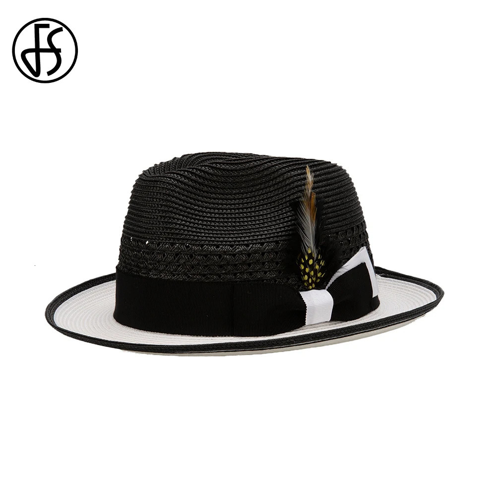 FS 2025 Spring Summer Khaki Cowboy Hats For Men With Feather Decorative Rolled Brim Jazz Panama Hat Gentleman Gangster Black Cap 250516