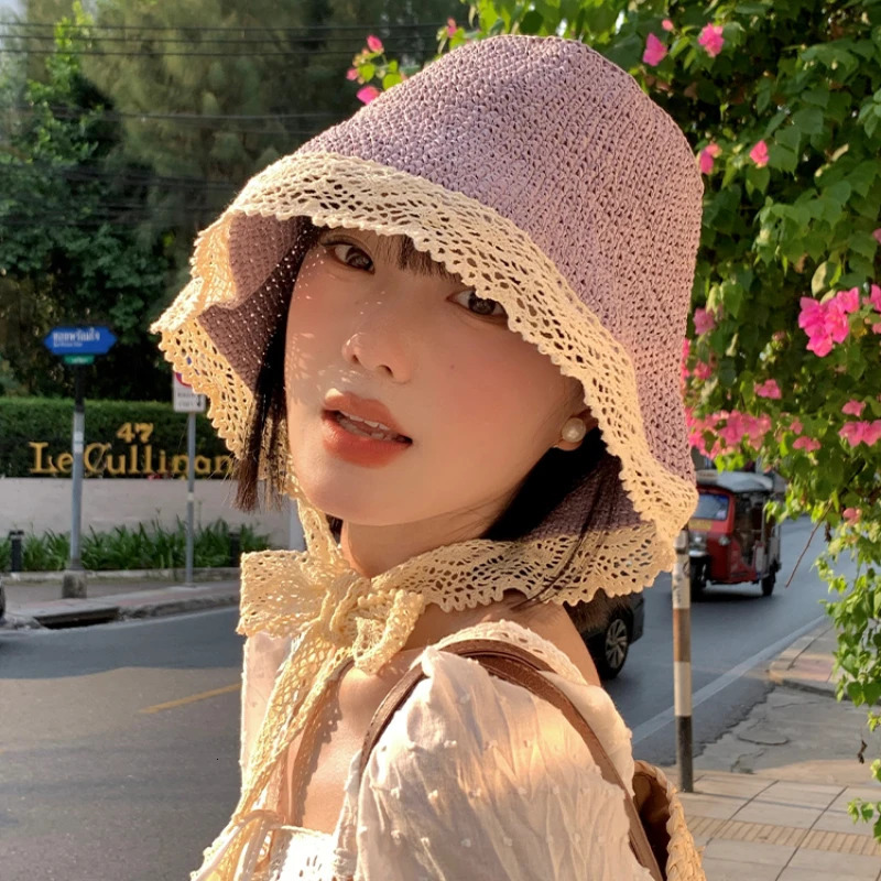Ins Gentle Purple Lace Strap Straw Hats for Women Summer Travel Versatile Japanese Retro Fresh Sun Protection Beach Bucket Caps 250516