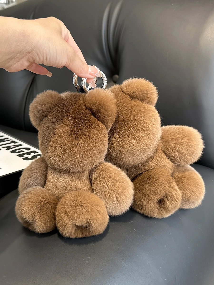 Fashion Cute Bear Keychain Real Rabbit Fur Bear Doll Pendant Toys Keyring Handbag Charm Ornament Plush Jewelry Gifts 250515