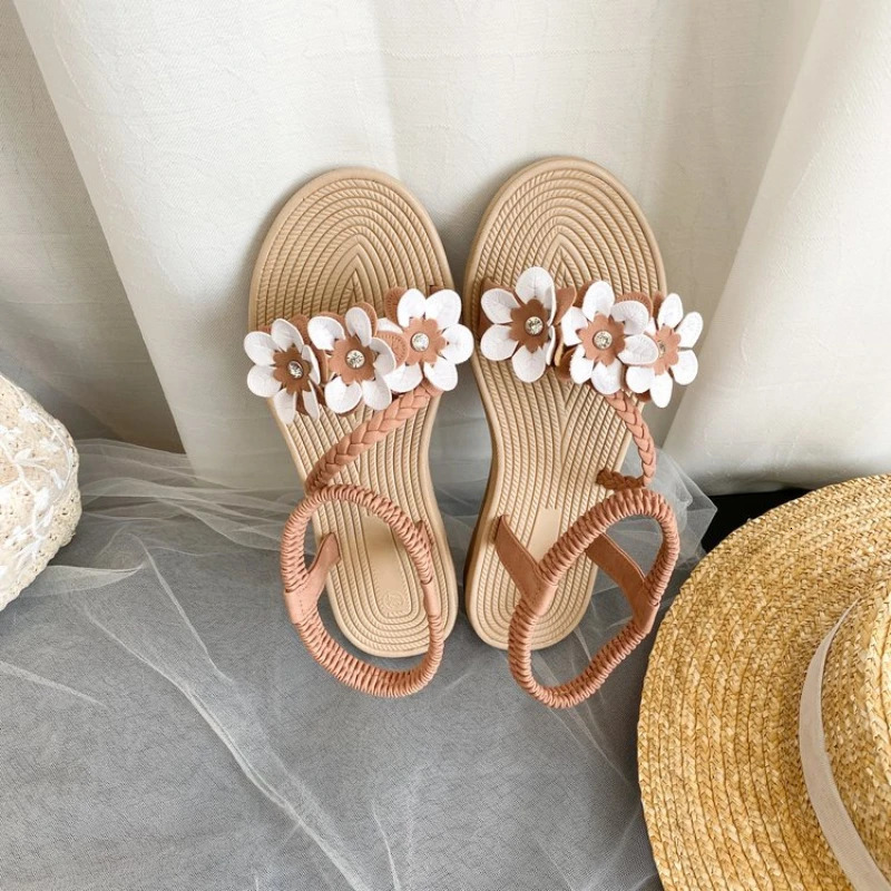 Summer Shoes Fashion Woman Sandals Flowers Mixed Colors Ankle Strap Flat Casual Beach Sandals Open Toe Women Shoes 250515