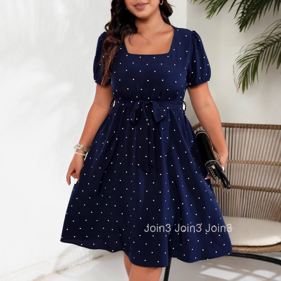 Large Size Womens Elegant Polka Dot Waist Cinched Lace Up Square Neck Big Swing Dress