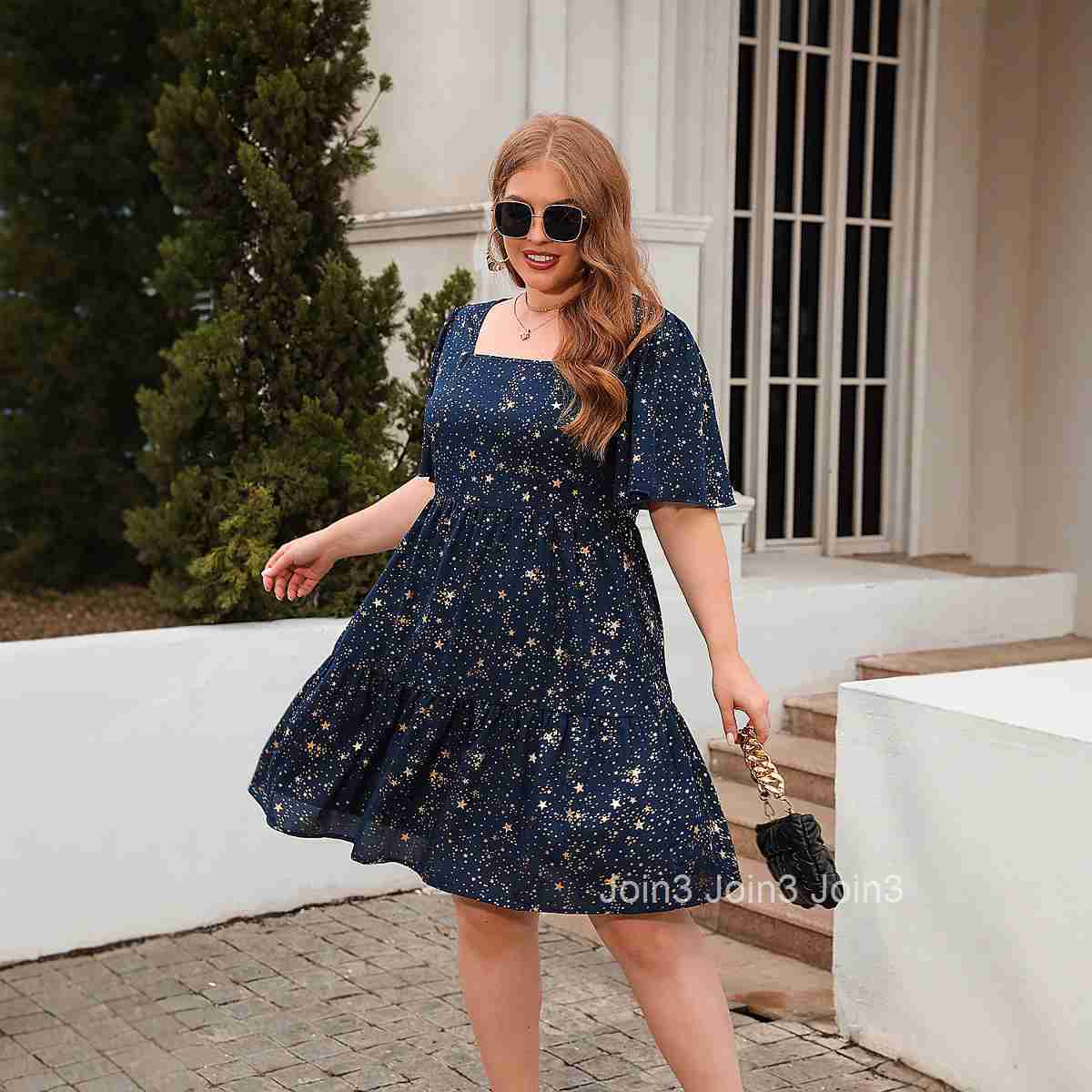 Gold Stamping Printing Casual Loose Fitting Dress Cocktail Party Elegant Dress Oversized Womens Clothing