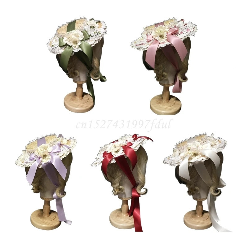 Women Girls Lolita Elegant Tea Party Flat Hat Multilayer Lace Bonnet Artificial Flower Ribbon Bow Straw Beach Sun 250516