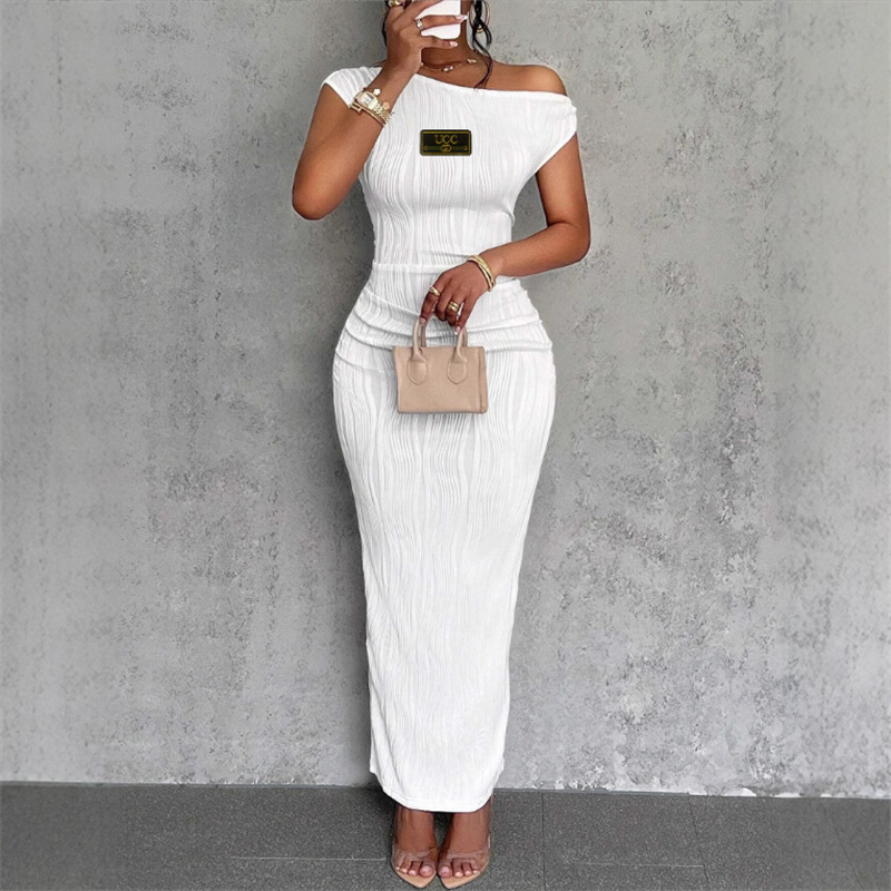 2025 New Fashion Luxury Women's Casual Skirt Sleeveless Embroidered Brand Logo Women's Water Ripple Slanted Shoulder Sexy Bag Hip Dress Asian Size S-2XL
