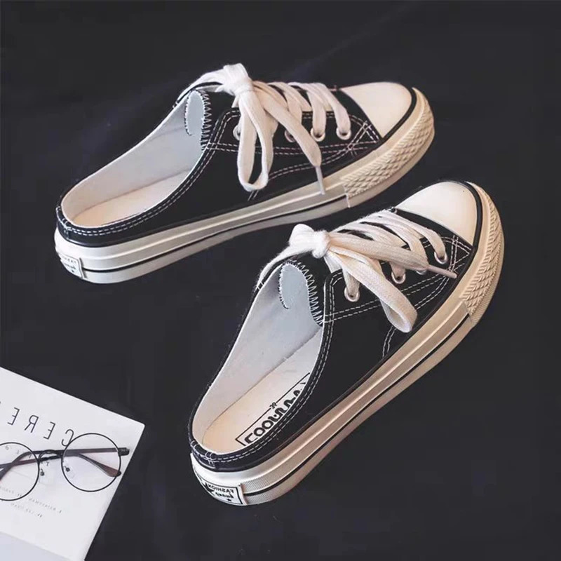 Women Canvas Flat Shoes Half slipper Autumn Fashionable Lace Up Low Cut Women Round Toe Black White Canvas Casual Shoes 250515
