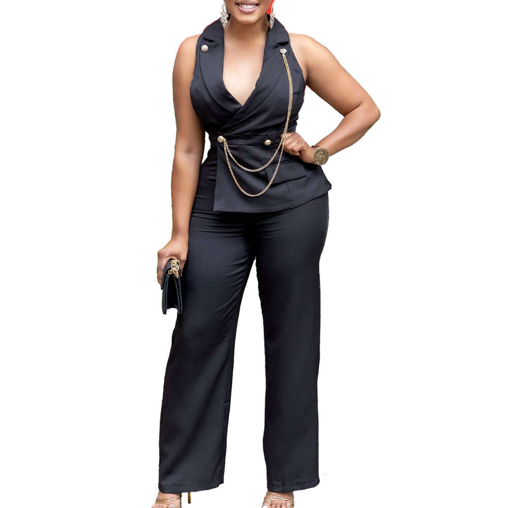 Wide Leg Jumpsuit C Women S Suit Collar Sexy Fashion Chain Casual Wide Leg Jumpsuit