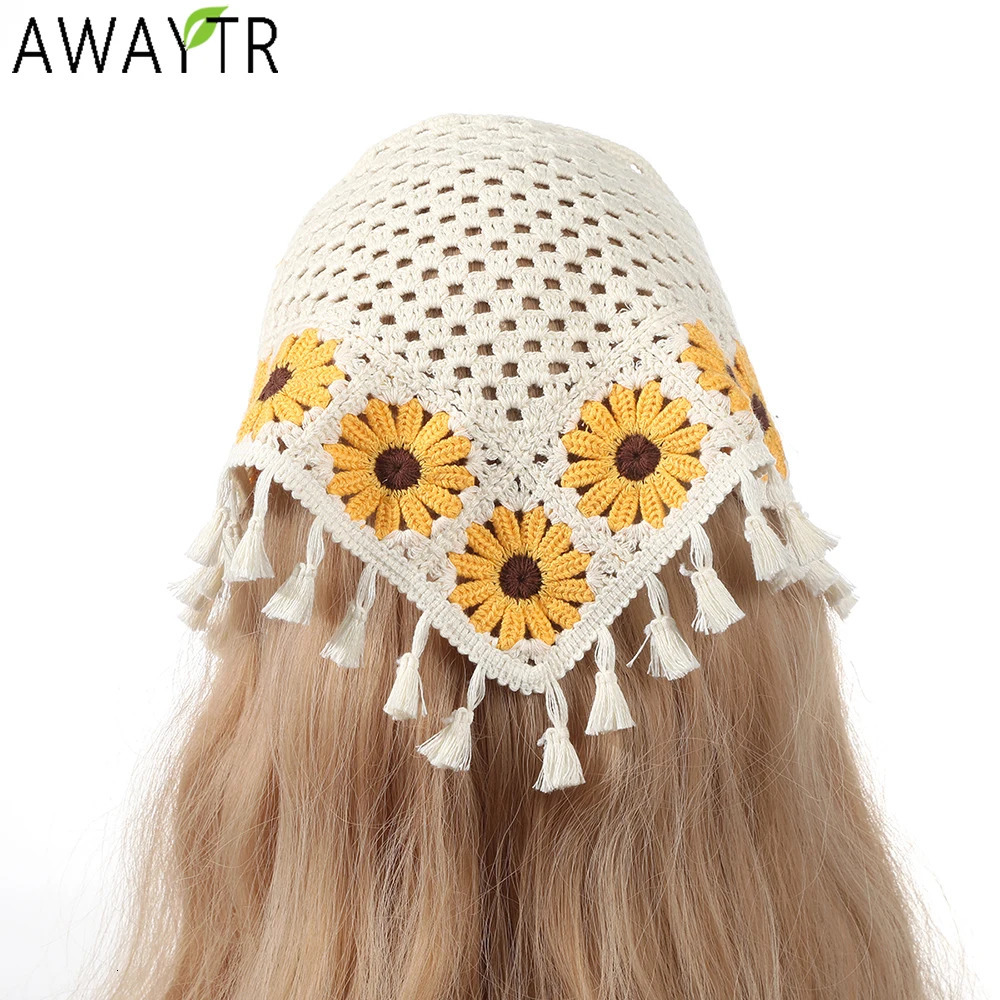 AWAYTR Manual Sunflower Headband Hair Scarf Bands for Women Party Headwear Knitted Bandana Turban Hairband Headpiece 250516