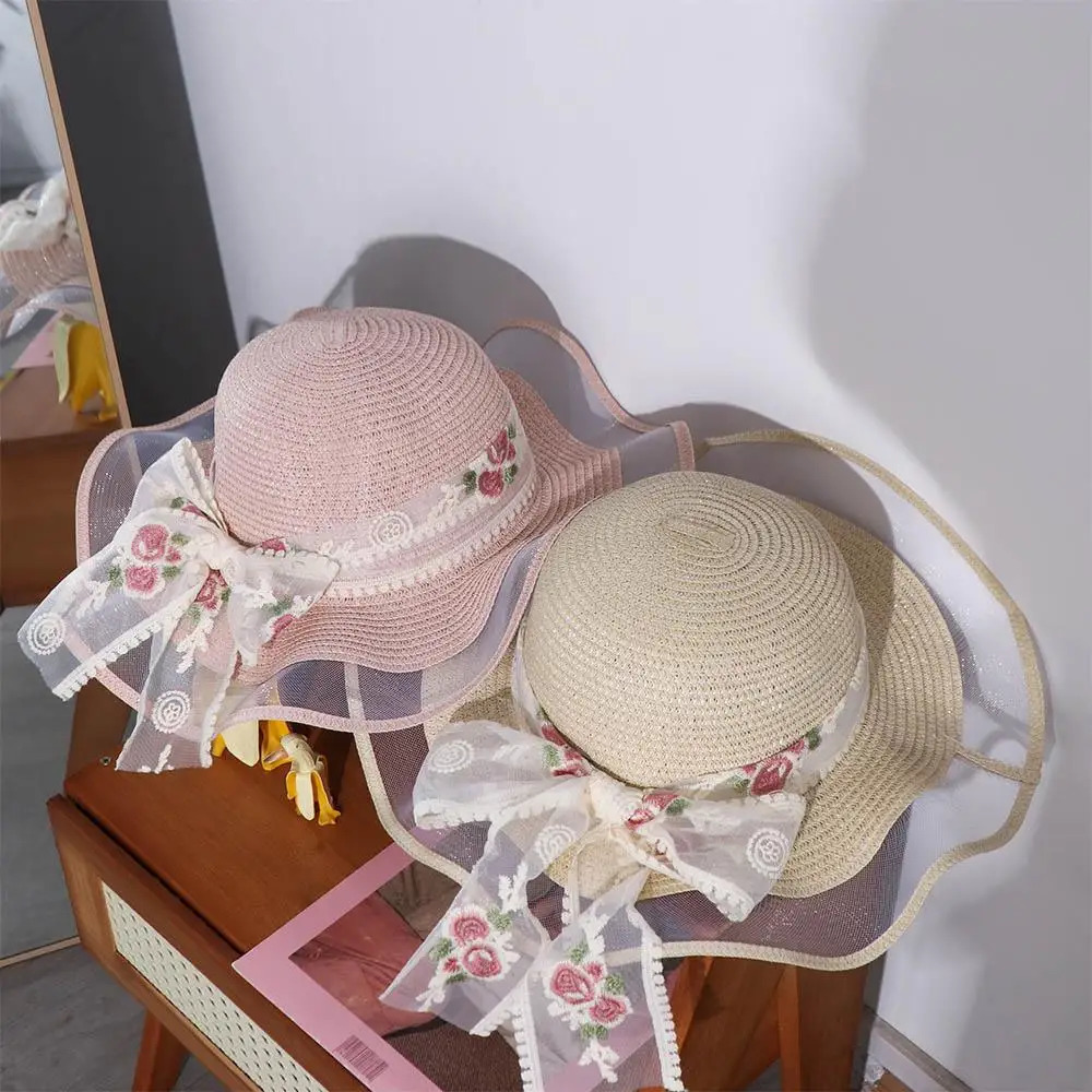 Elegant Spring Summer Beach Straw Hat Big Brim Foldable Lace Bow Straw Hat Travel French Style Womens Sun Hat Girls 250516