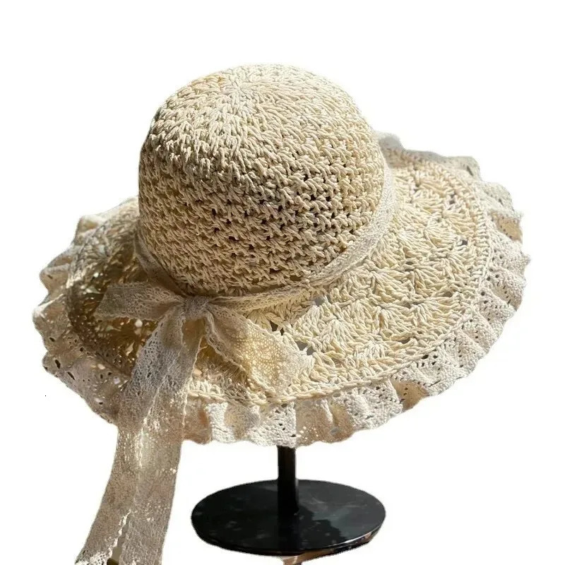 Summer Foldable Lace Edge Straw Hat for Womens Handwoven Cute Bow Sunshade Hat for Vacation Beach Hat 2025 250516