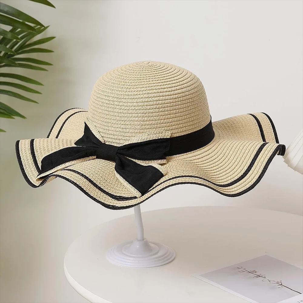 Summer Bow Lace Edge Straw Hat for Womens Outdoor Vacation Fashion and Sunscreen Beach Hat Foldable 250516