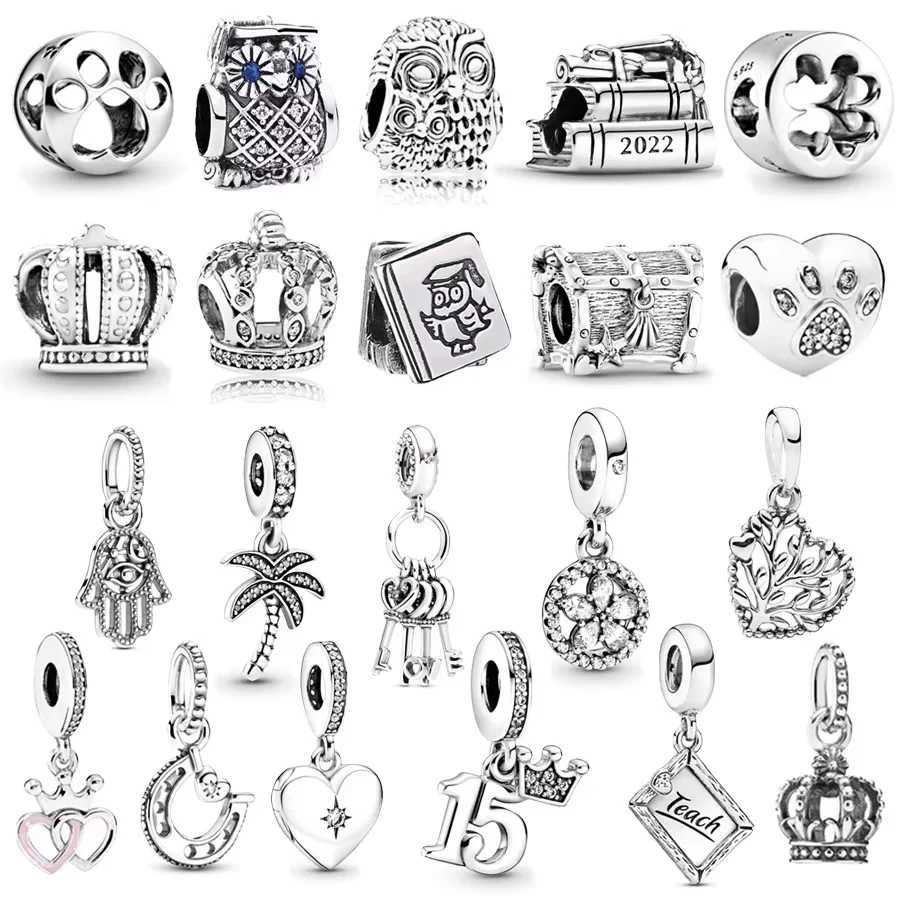 DIY Charm Jewelry Protective Hamsa Hand Owl Crown Bead Snowflake Circle Dangle Fit Original 925 Sterling Silver BraceletXJ250517