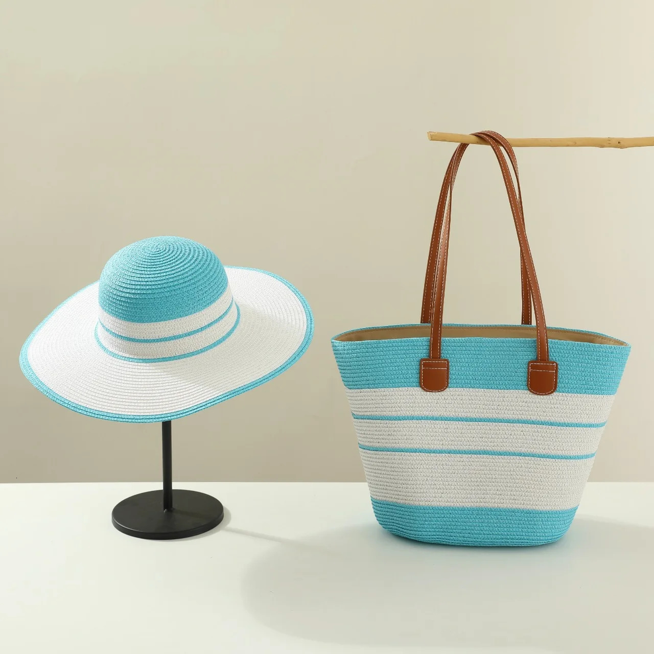 Blue straw hat bag set 2025 summer sun hat travel beach straw hat outdoor sun hat sombrero para sol mujer 250516