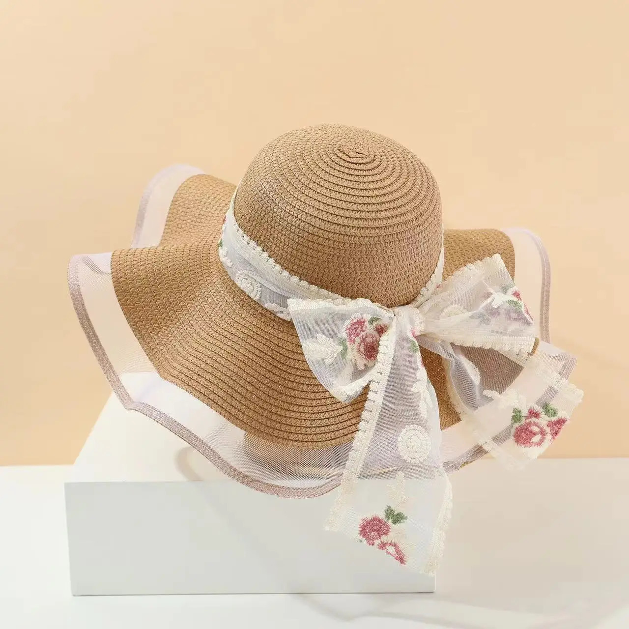 French Style Womens Straw Sun Hat Spring Summer Beach Foldable Big Brim Lace Bow Detail Travel Hat for Girls 250516