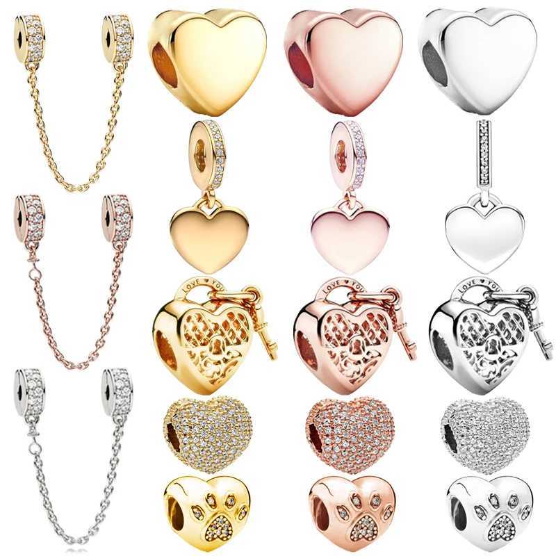 Gold Rose Gold Series Security Chain Heart Pendant Heart-Shed Charm Bead Fit Original European 925 Silver Bracelet DIY JewelryXJ250517