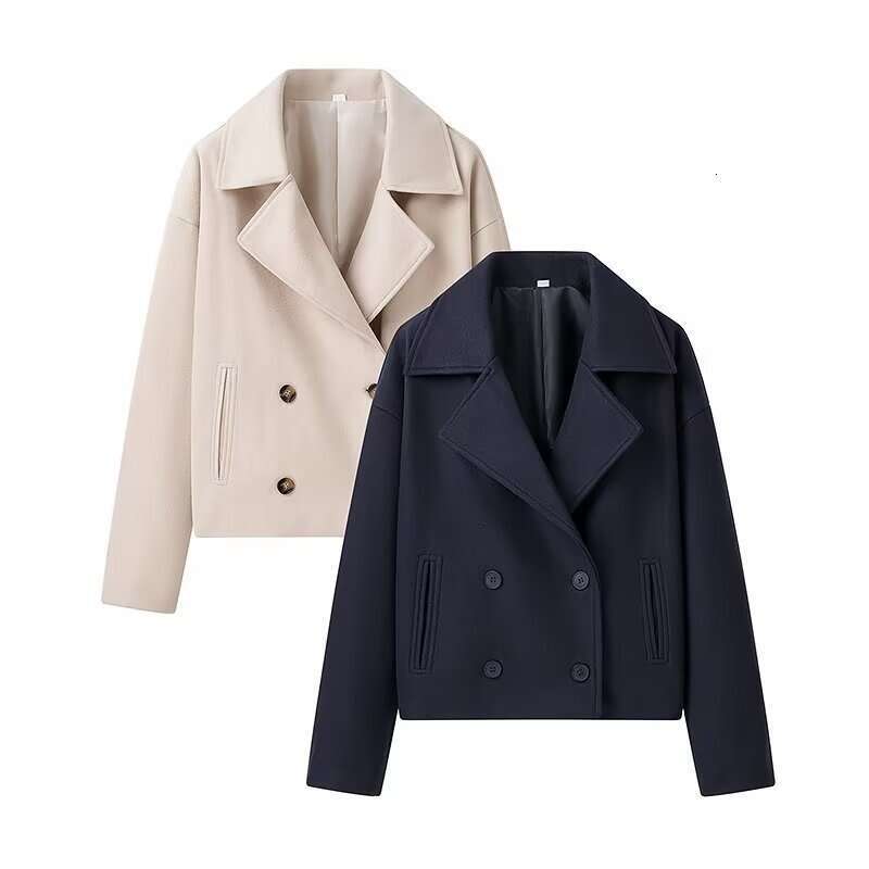 Autumn New Style French Lapel Double Breasted Short Woolen Casual Loose Jacket 7999818 B5
