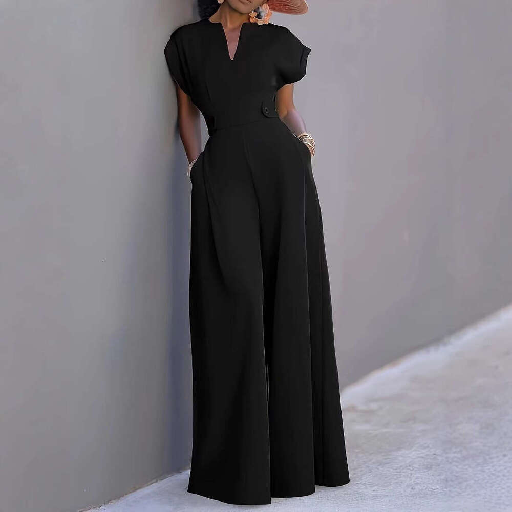 Wide Leg Jumpsuit Women S New Style Stylish Solid Color Half Open Collar High Waist Wide Leg Sleeveless Jumpsuit