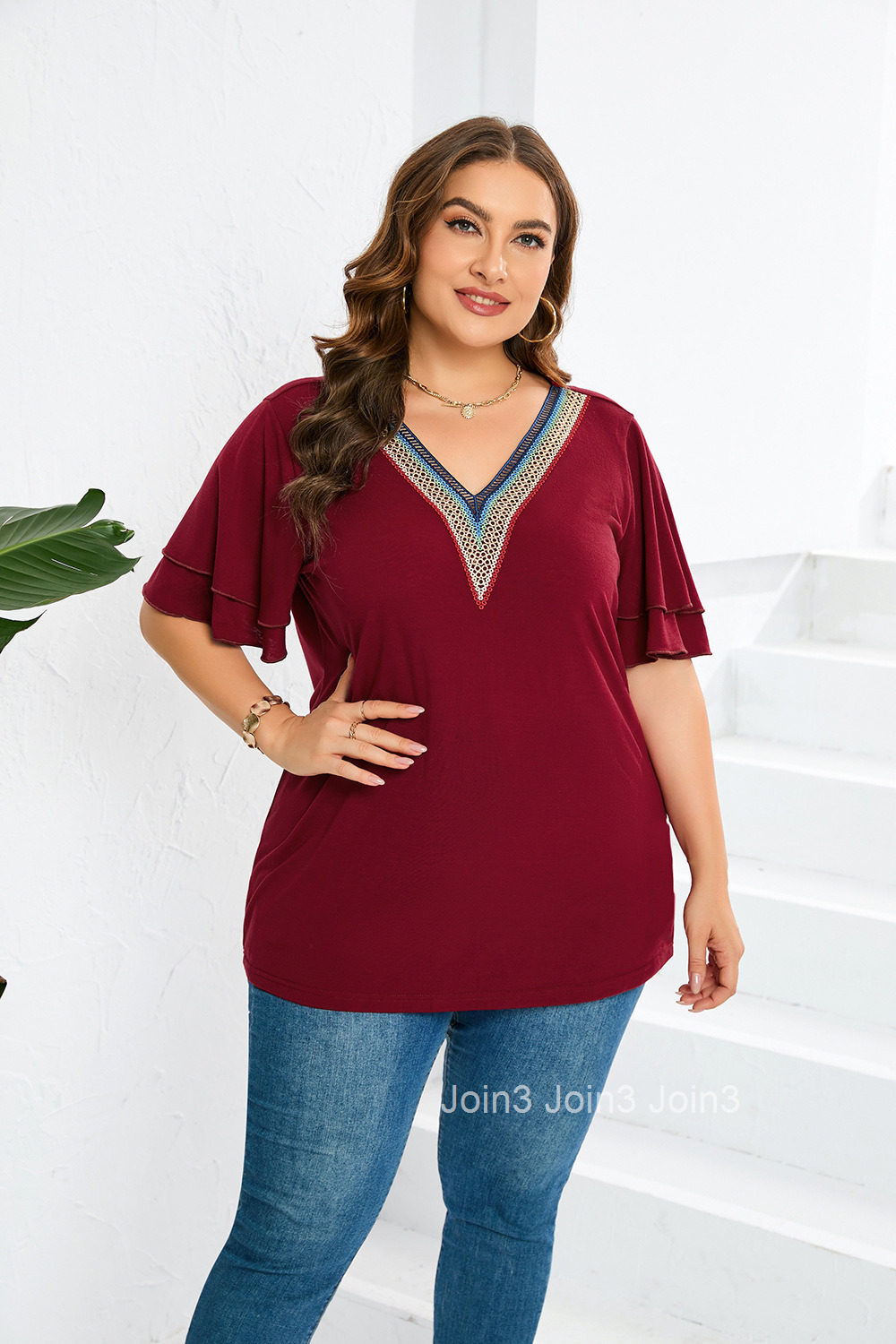 Spring/summer New Lace V-neck Solid T-shirt Top