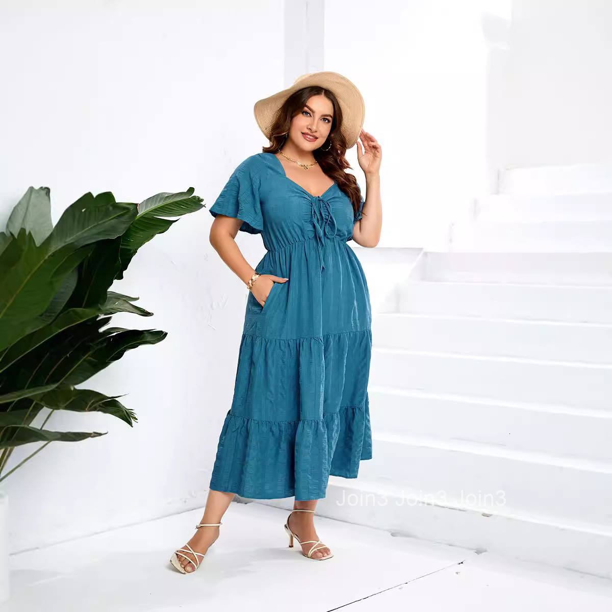 V-neck High Waist Dress Long Short Sleeve Large Size Dress