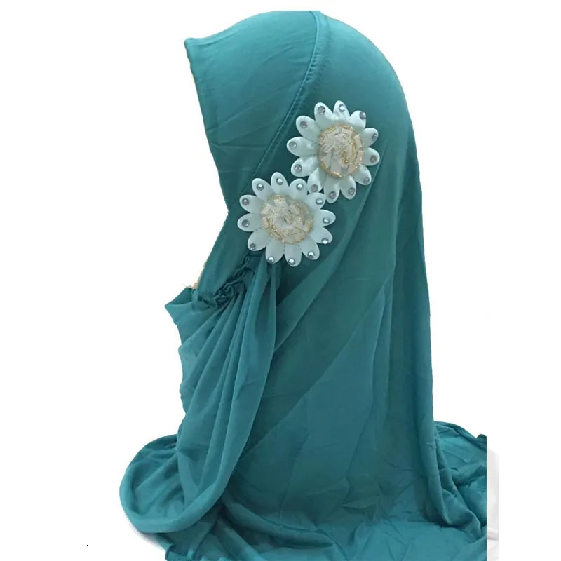 Muslim Hijab Floral Lace Head Scarf Islamic Arab Shawls Wrap with Flowers Rhinestones for Girls 250517