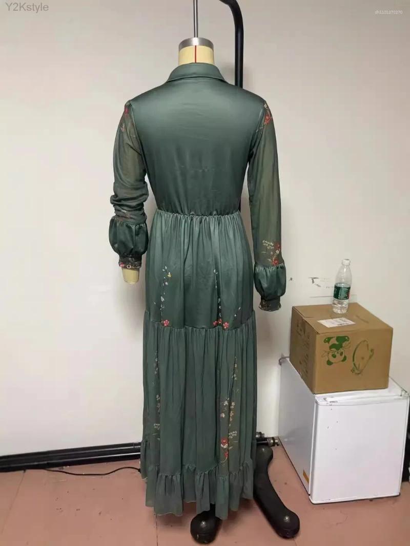 Casual Dresses Vintage Pattern Printed High Waist Robe Dress Women V-neck Pleated Bohemian 2025 Autumn Long Sleeved