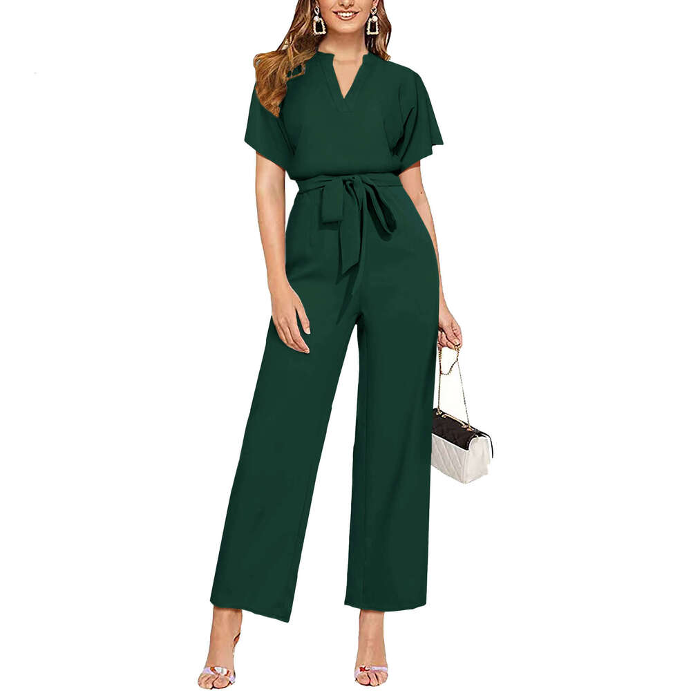 Wide Leg Jumpsuit Summer Solid Color V Neck Sleeveless Women S Jumpsuit Belt