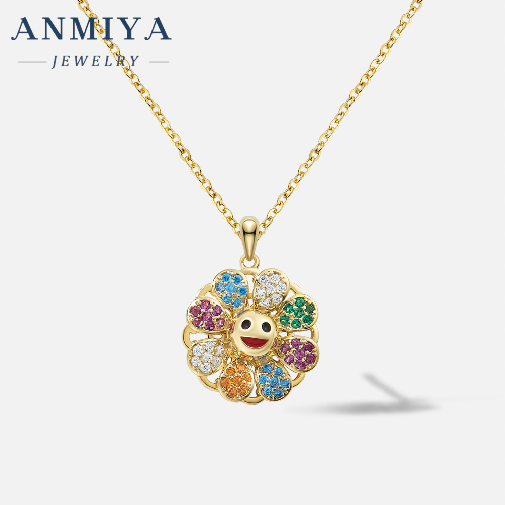 Takashi Murakami Diamond-encrusted Sun flower Pendant 925 Silver necklace Trendy hip hop glitter pink rotatable collars