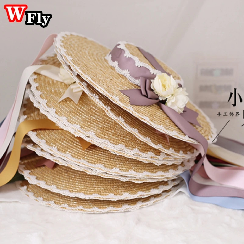 Japanese Women Girls Lolita Sweet Handmade Straw Sun Hat Lace Flower Ribbon Bandage Bowknot Wide Brim Elegant Straw hats 250516