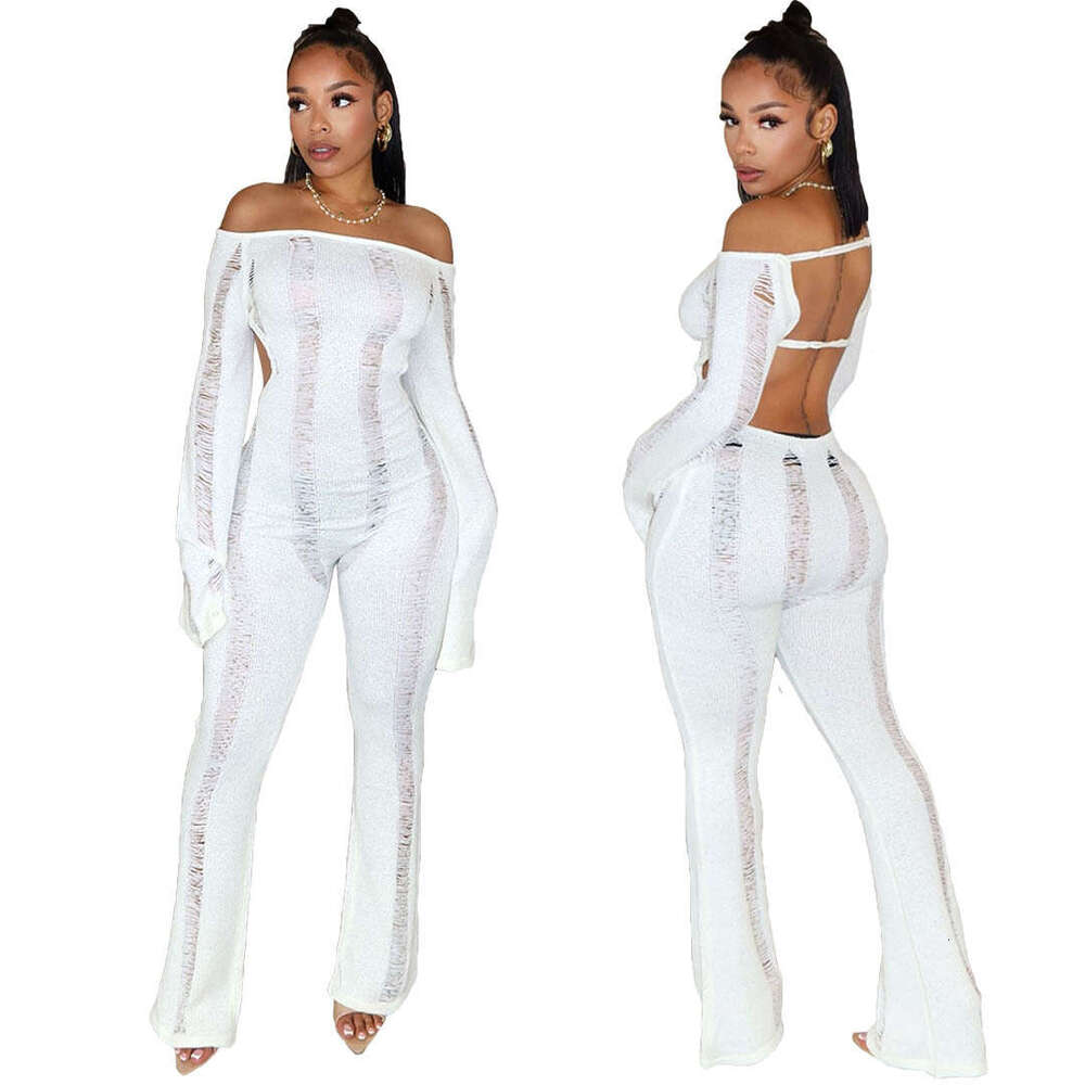 Wide Leg Jumpsuit S Women S Fashion Casual Hollow Hole Open Back Knitted Wrap Hip Slim Fit Jumpsuit