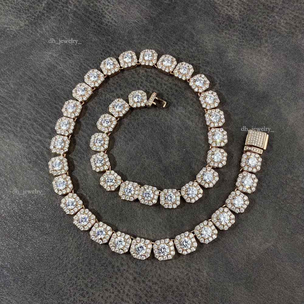 Custom Hip Hop Sier Gold Plated AAA+ Cubic Zircon Iced Out Cluster Tennis Link Chain Necklaces for Women Men