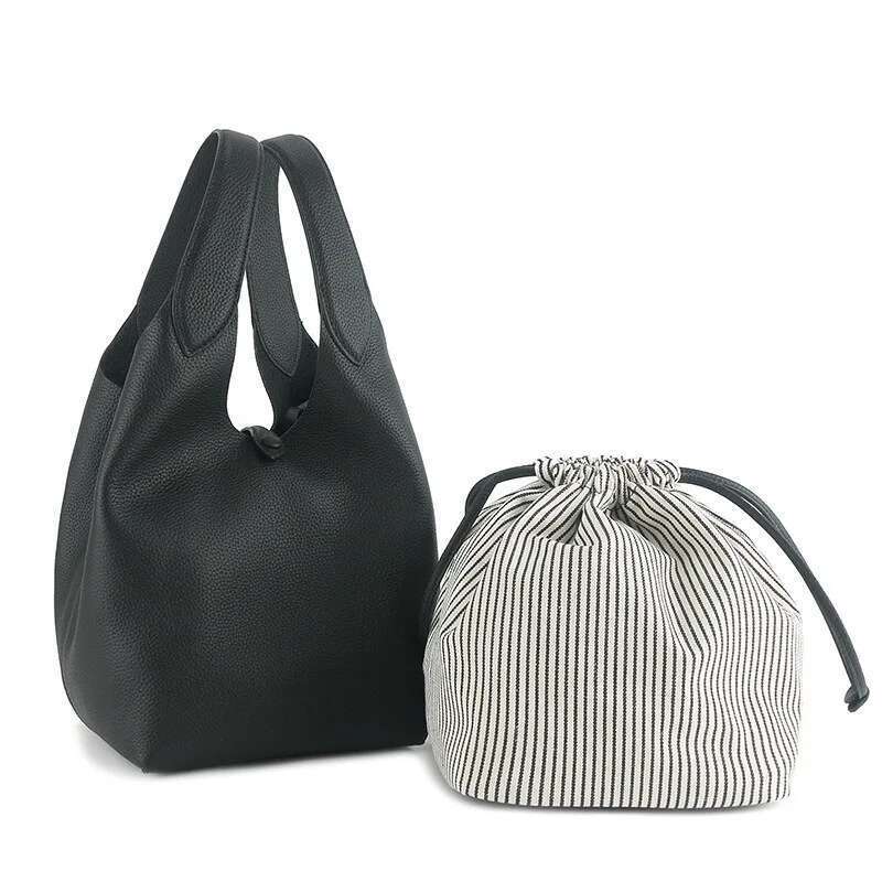 VOAETEC 2025 New Niche Old Money Wound Vegetable Basket Head Layer Lychee Cowhide Commuter Bucket Tote Bag Large Capacity