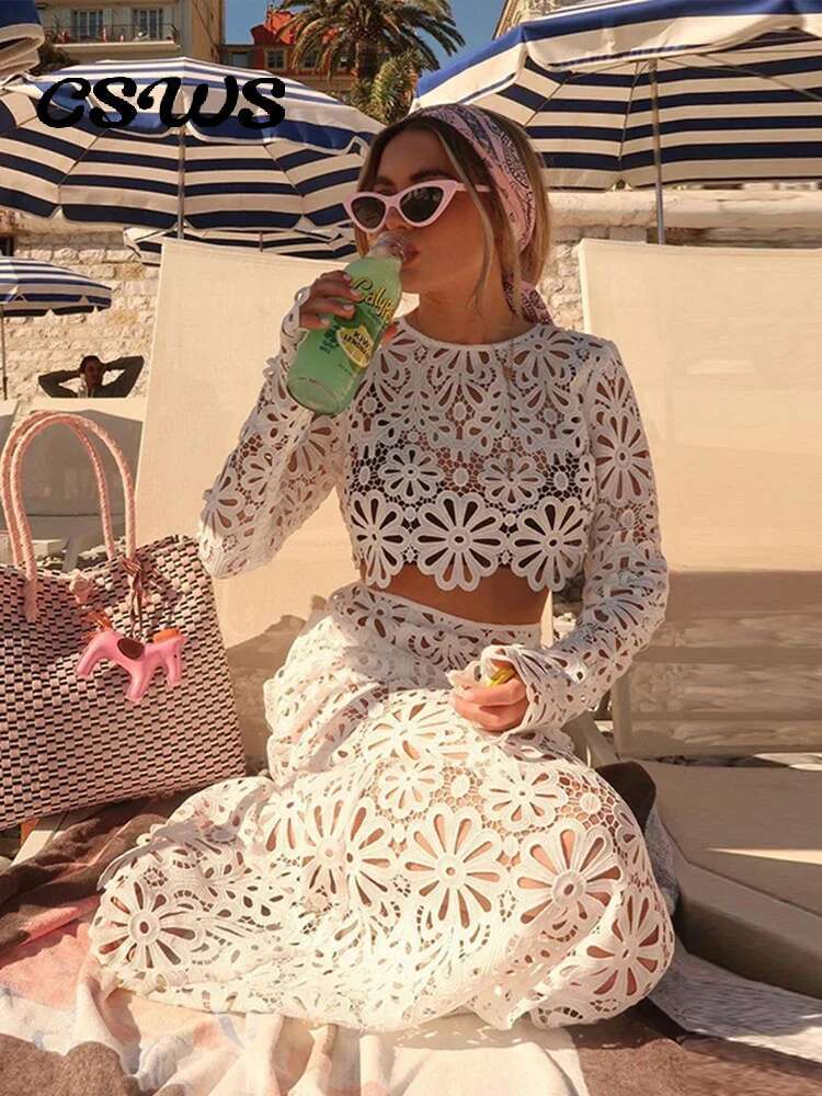 Elegant See Through Crochet Women Hallow Out Flare Long Sleeve Top Slim Empire Hip Package Skirts 2025 Summer Lady Set