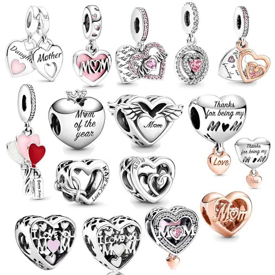 Fine You Mom Double Heart Split Dangle Charm Beads Fit Original Pan 925 Sterling Silver Bracelet DIY Women Jewelry GiftXJ250517