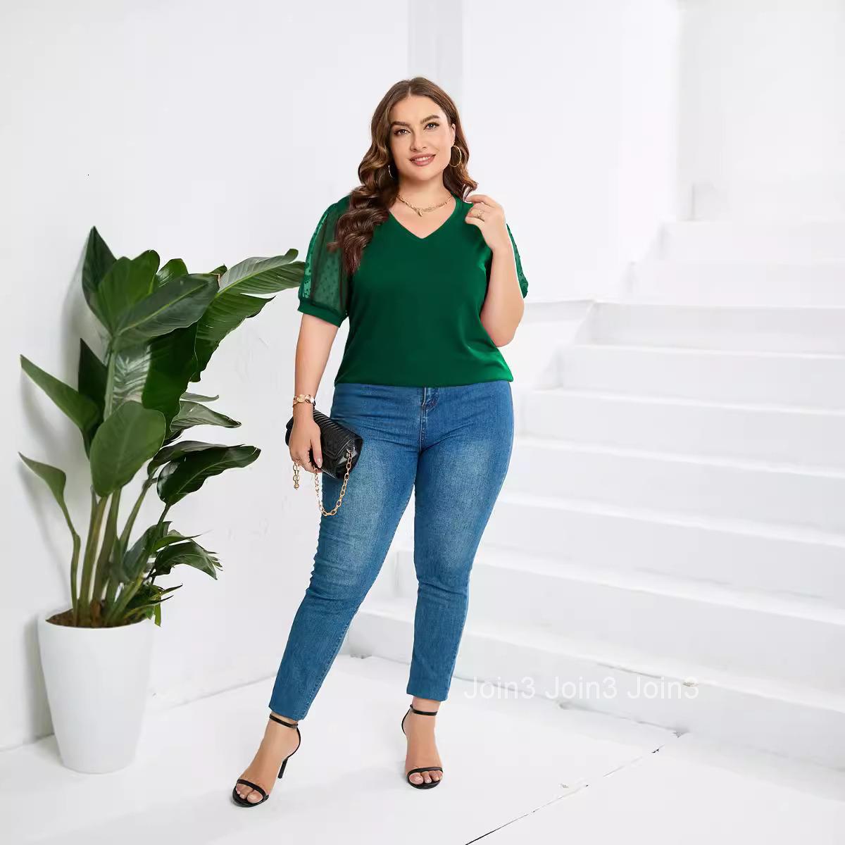 Womens Small Wool Ball Net Gauze Fluffy Short Sleeved Bubble Sleeved V-neck Solid Color T-shirt for Women