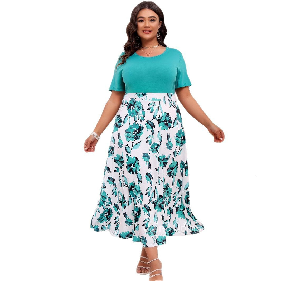 Large Size Womens Dress with Elegant Temperament Printed Splicing Round Neck Waist Cinching and Large Swing Dress