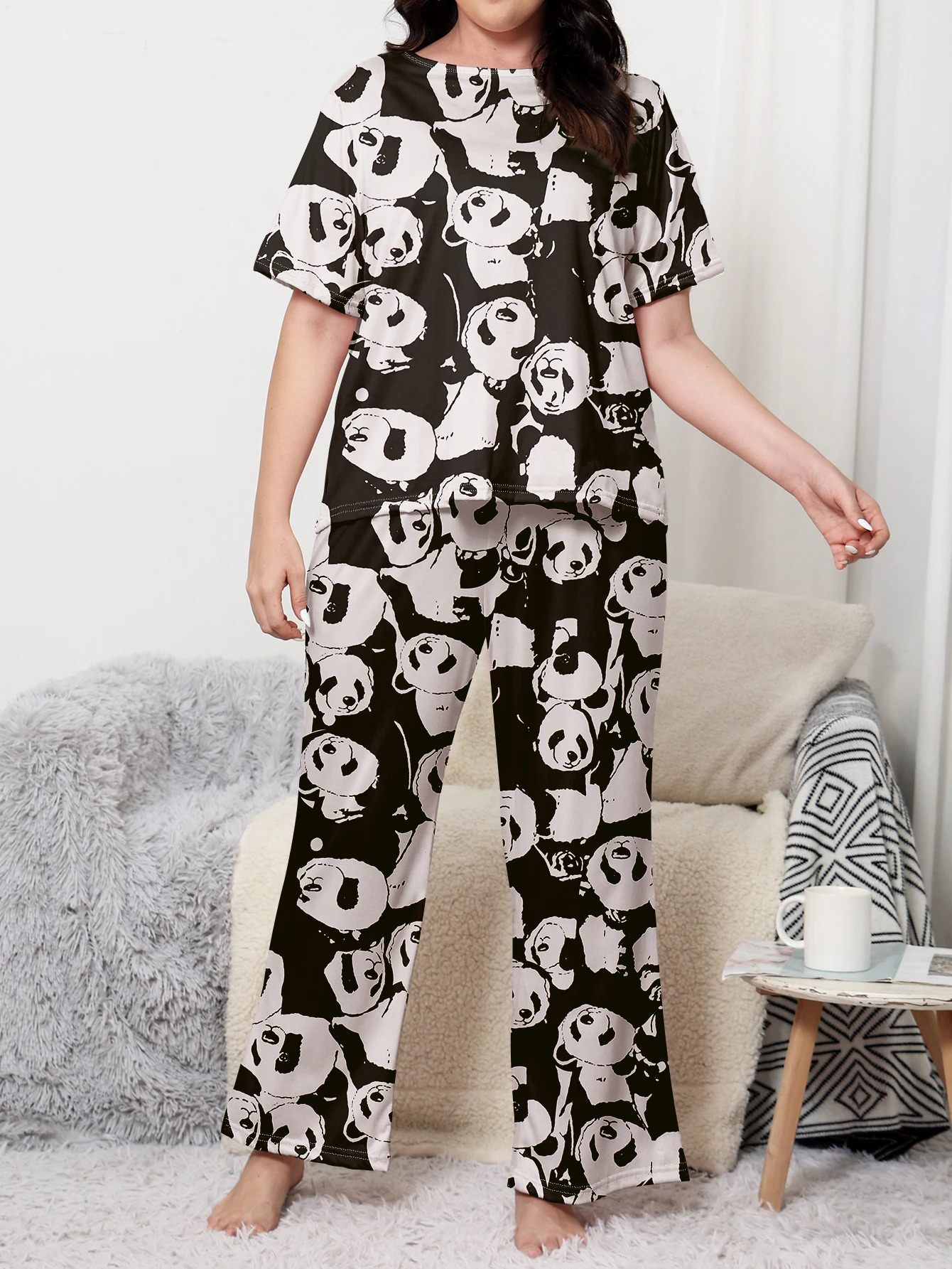 Plus size pajama set short sleeves and long pants panda patterned home clothing can be worn with milk silk material externally 250513Z