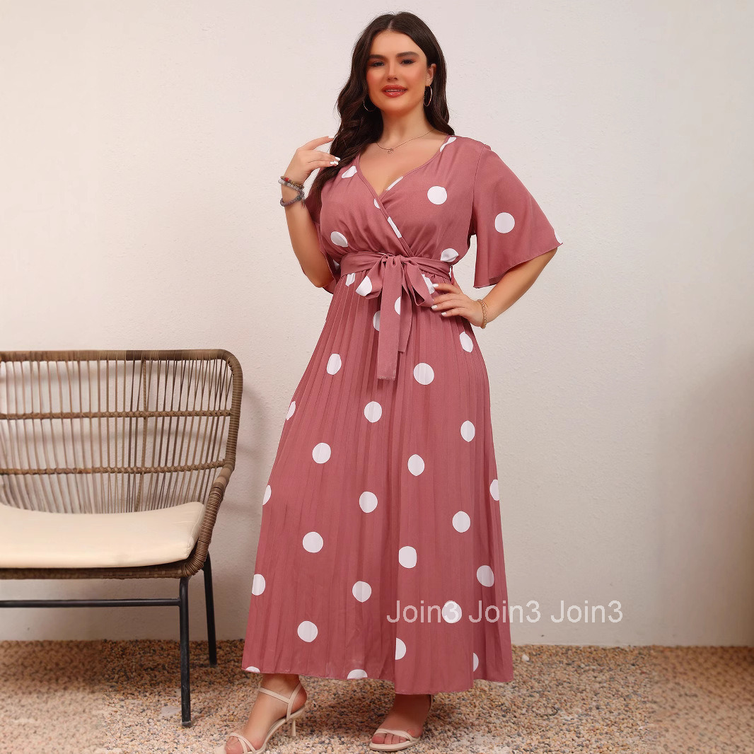 Fashionable Large Polka Dot Print V-neck Lace Up Pleated Long Dress